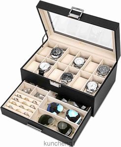 Organisateur de boîtes à bijoux Voova pour hommes femmes 2 couches grandes colocatrices en cuir Pu Watch Case de rangement en verre