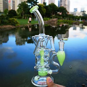 Fab Egg Double Recycler Bongs Turbine Perc Glass Bong Green Purple Pink Unique Oil Dab Rigs 14mm Tuberías de agua conjuntas con un tazón embriagador