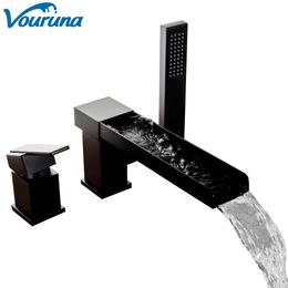 VOURUNA Robinet de baignoire cascade contemporain à 3 trous pour salle de bain Remplisseur de baignoire romaine avec douche à main