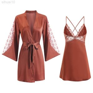 Vrouwen sexy gewaad set NachtKleding faux zijden kimono jurk lacee lingerie nachthemd zachting perspectief bruids bruiloft cadeau l220803