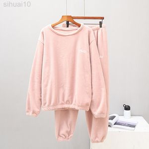 Vrouwen Winter Flanellen Pyjama Set Fleece Pyjama NachtKleding Homewear Dikke Warme Fluwelen Vrouwelijke Pak Fall Sweatshirt Dames Pajama L220803