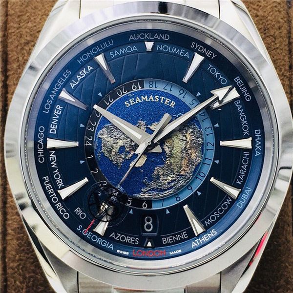VS reloj para hombre 43 mm de diámetro alrededor del mundo mapa pintura espejo láser ablación azul mar tierra relieve contorno 24 horas anillo de cristal dia