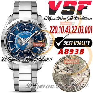 VSF Aqua 150M 220.10.43.22.03.001 GMT Worldtimer A8938 Montre automatique pour homme 43 mm Cadran bleu avec mot carte Bracelet en acier inoxydable Super Edition trustytime001Montre-bracelet