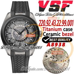 VSF Aqua 150M 220.92.43.22.99.001 GMT Worldtimer A8938 Automatisch herenhorloge 43 mm titanium kast Zwarte keramische bezel Stalen armband Super editie trustytime001Horloges