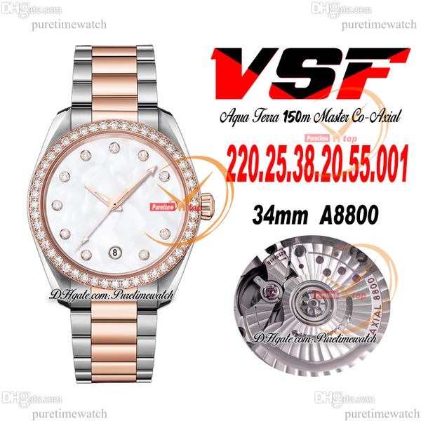 VSF Aqua Terra 150M A8800 Reloj automático para mujer 43 mm Bisel de diamantes Dos tonos MOP Esfera de diamante Pulsera de acero inoxidable Versión estupenda Relojes para mujer Puretime C3
