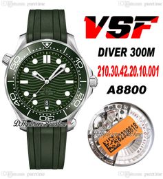 VSF DIVER 300M A8800 Automatische heren Watch Ceramics Bezel Green Wave Texture Dial Rubber Strap 210.30.42.20.10.001 Super Edition Puretime 20B2