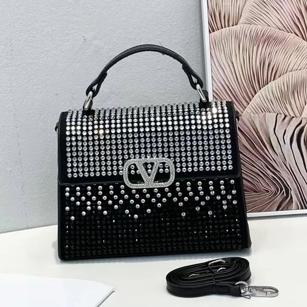 Vsling Mini bolso de mano con diamantes brillantes, cierre magnético, bolsos de cristal, bolsos de hombro con herrajes de latón vintage, correa de cuero con cadena ajustable