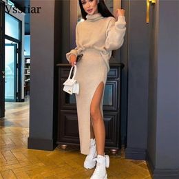 Vsstiar col roulé femmes pull pulls vert blanc automne hiver taille haute fendu jupe midi mode décontracté deux pièces ensembles 220221