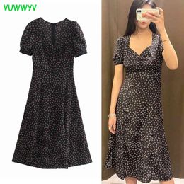 Vuwwyv Black elegante Partido de impresión floral Mujeres Summer Vintage Midi Mujer elástica Vestido plisado Vestido 210430