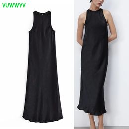 Vuwwyv zwart satijn midi jurk vrouwen elegante jurken zomer mouwloze avond feest vrouw jurken rugknop slanke vestido 210430