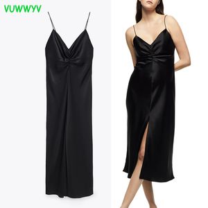 VUWWYV vestido de fiesta de satén negro para mujer Sexy espalda descubierta correas Midi mujer recogido pecho plisado señoras es vestidos 210430