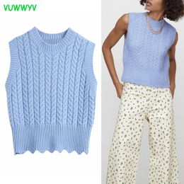 Vuwyv blauwe casual kabel gebreide vest vrouwelijke lente geribbelde bijgesneden vrouw sweaters mouwloze elastische vest tops 210430