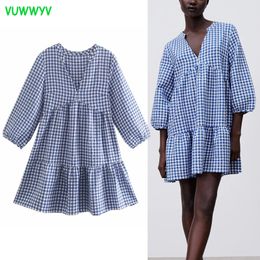 VUWWYV Azul Plaid Ruffle Mini Mujer Vestido Verano Chic Smock Diseño Plisado Mujeres Manga larga Casual Vestidos cortos 210430