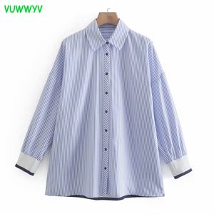 Vuwwyv Blue Geribbeld Gestreepte Lange Shirt Dames Lente Oversized Button Up Shirts Vrouw Mouw Casual Dames Tops 210430