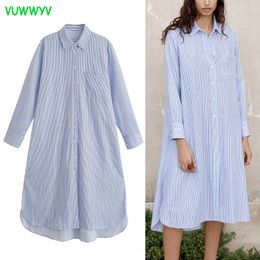 VUWWYV Blauw Gestreept Oversize Shirt Jurk Dames Zomer Casual Streetwear Button Up Kraag Vrouw Lange Mouwen MIDI ES 210430