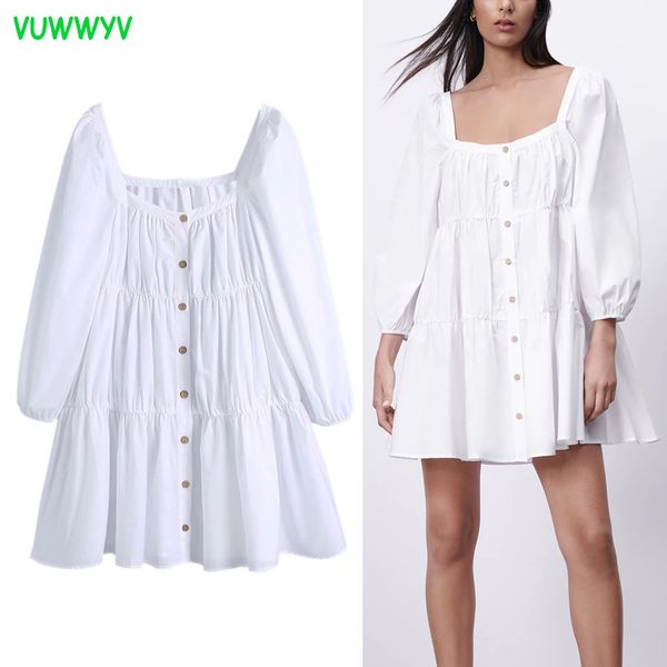 VUWWYV robes pour femmes blanc popeline plissée Smock Mini robe femme été décontracté à manches longues avant boutons Vestidos 210430