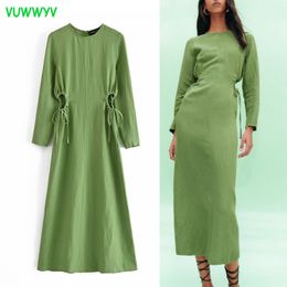 VUWWYV robes vert découpé lin Midi femmes été élégant à manches longues fête femme aller Vestidos 210430