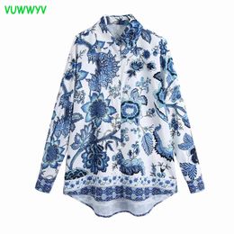 VUWWYV elegante azul estilo chino estampado camisas largas mujer blanco botón arriba camisa mujeres manga completa casual tops streetwear 210430