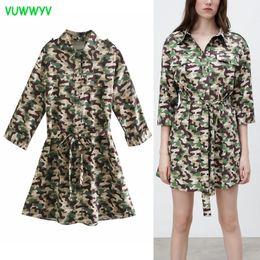 Vuwwyv mode cami print mini jurken voor vrouwen zomer kraag shirts jurk vrouw keren mouw riem zakken vestidos 210430