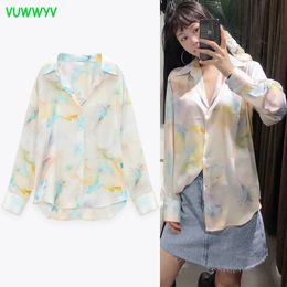 Vuwyv mode flowing stropdas kleurstof shirts voor vrouwen zomer casual kraag knop omhoog shirt vrouw lange mouw satijnen dames tops 210430