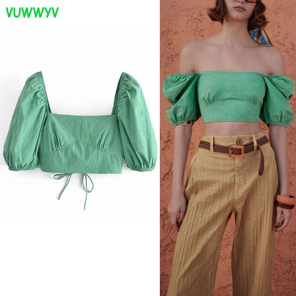 VUWWYV vert dos nu haut court femmes Blouses été à manches courtes dos bretelles croisées femme hauts mode Streetwear Blouse 210430