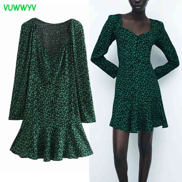 VUWWYV vert imprimé fleuri à volants robe africaine femmes élégante soirée Mini femme à manches longues élastique court Vestido 210430