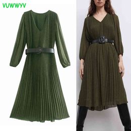 Vuwhyv groen print ruches chiffon jurk vrouwen vintage avond feest midi vrouw lente lange mouw contrast riem vestido 210430