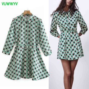 Vuwyv groen print shirt kraag vrouw jurk zomer chic riem uit gang gaan mini vrouwen lange mouw voorknop vestido 210430