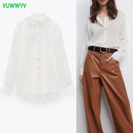 VUWWYV Metallic draad gestreepte transparante shirts voor vrouwen witte knop omhoog shirt lange mouw kraag vrouw blouses tops 210430