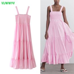 Vuwyv roze poplin backless fairy ruche jurk vrouwen zomer ruches brede bandjes midi jurken vrouw elastische taille vestidos 210430