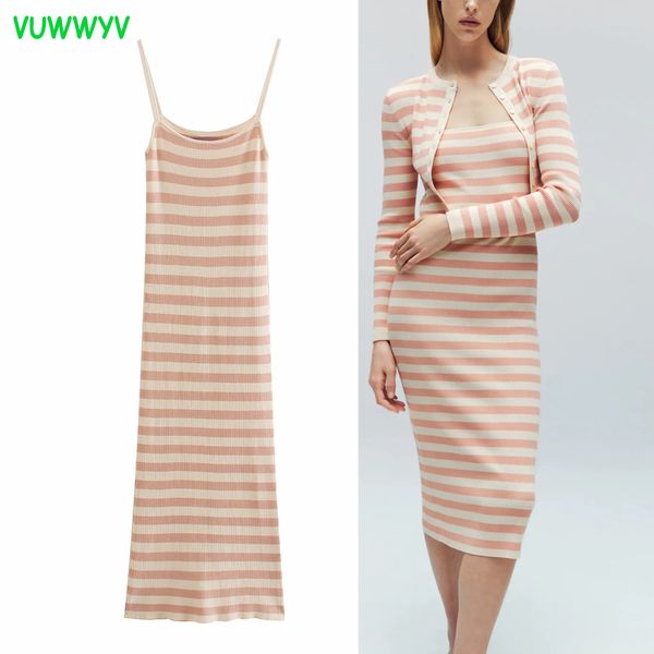 VUWWYV Vestido de suéter de punto a rayas rosa Mujeres Chic Casual Slim Thin Straps Midi Mujer Sin espalda High Street 210430