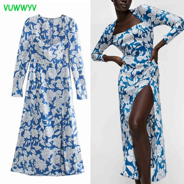 VUWWYV Rétro Bleu Floral Imprimer Robe Africaine Femmes Printemps Élégant Soirée Soirée Midi Manches Longues Fendue Latérale Robe 210430