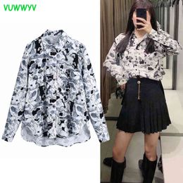 Vuwwyv Retro Inkt Print Lange Shirts voor Dames Casual Pocket Button Up Shirt Vrouw Volledige Mouw Asymmetrische Hemkraag Tops 210430