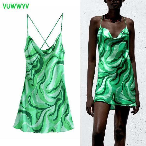VUTWYV Vestido de verano Mujer verde correa sexy sin respaldo Mini de respaldo Mujeres fluyendo impresión africano casual playa sundress 210430