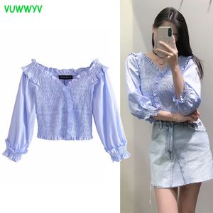 Vuwwyv Tops Vrouw Blue Ruffle Crop Top Vrouwen Blouses Zomer Lange Mouw Elastische Ruched Dames Vintage Tunieken 210430