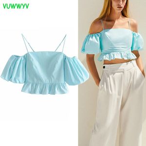 VUWWYV Tops Femme Blue Ruffle Crop Femmes Summer Short Puff Sleeve Blouse Blouse Femme Rétro Strap Tuniques 210430