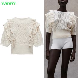 VUWWYV Vintage Ruffle Knitted Top mujer verano elegante Jacquard acanalado suéter blusas mujer manga corta Crop Tops 210430