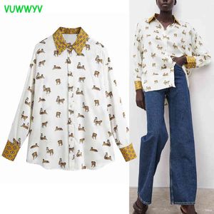 Vuwyv witte dier print satijnen shirts vrouwen lente extra grote knop omhoog vrouw lange mouw contrast kraag tops 210430