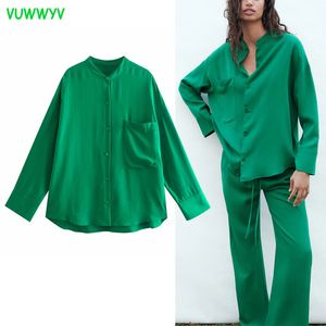 VUWWYV Camisas de mujer Camisa verde de gran tamaño con botones Blusas para mujer Casual Manga larga Tallas grandes Tops para mujer Bolsillo de verano 210430
