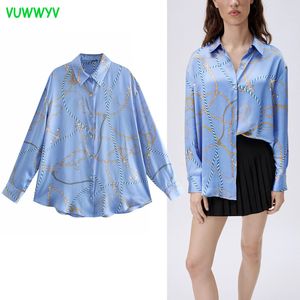 VUWWYV Women Shirts Blue Print Oversized Woman Lange Mouw Button Up Collared Shirt Zomer Stromende Dames Tops 210430