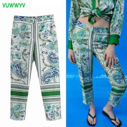 Vuwyv za vrouw broek groen print rechte been vrouwen hoge taille broek voor vrouwelijke zomer mode y2k streetwear 210915