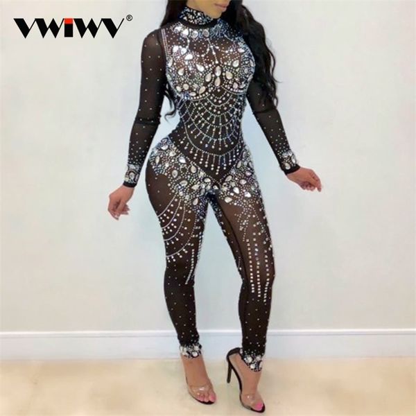 VWIWV Femmes Mock Neck Jumpsuit Sequin Strass Diamants Combinaisons À Manches Longues Skinny Bodys Clubwear Party One Piece Romper Y200904