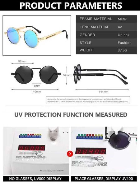 VZ5S Lunettes de soleil Métal Vintage Punk Style Lunettes de soleil Men Retro Round Y2K Cyberpunk Femmes Sun Glasses Fashion Eyewear Gafas Sol Mujer UV400 D240429