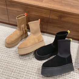 W Klassieke dipper boot kastanjebont slides schapenvacht pantoffels shearling tazz nieuwe muilezels dames heren ultra platform laars slip op schoenen suède bovenwerk comfort winter