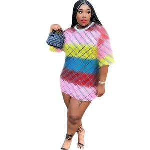 W0022 Autumn Ladies Fashion Dress Rainbow Collision Color Skinny Pailles Casual T-Shirt Dress