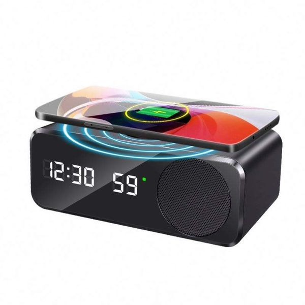 W26 Altavoz Bluetooth 6 en 1 Reloj despertador digital Altavoces Cargador inalámbrico Soporte para teléfono Temperatura en tiempo real Audio con bocina de alta fidelidad en caja minorista