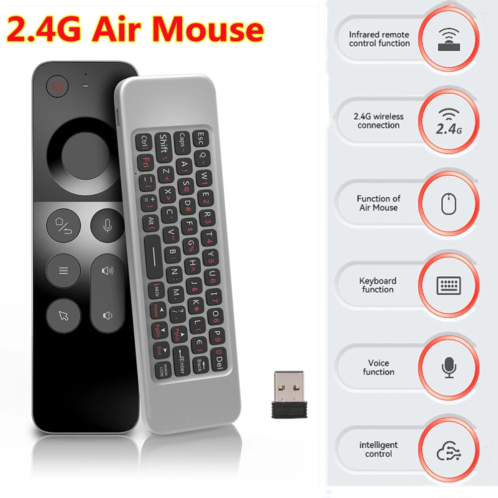 W3 2.4G Trådlös mini Luftmus Gyroskop IR Learning Smart Voice Remote Control med fullt tangentbord för Android TV Box PC