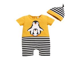 W444 baby Baby Penguin Rompert Kids Stripe Patchwork onesies Toddlers klim kleding kind meisje jongen baby's rompers met hat4158202