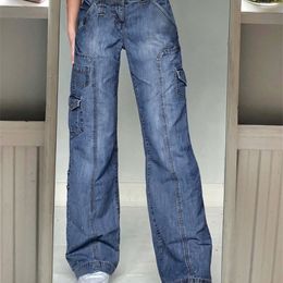 Waatfaak Harajuku Poches Patchwork Cargo Y2K Bleu Foncé Taille Haute Streetwear 90S Baggy Jeans Femmes Pantalon Jambe Droite 220810