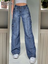 Waatfaak Harajuku Poches Patchwork Cargo Jeans Y2K Bleu Foncé Taille Haute Streetwear 90S Baggy Jeans Femmes Pantalon Jambe Droite 220526